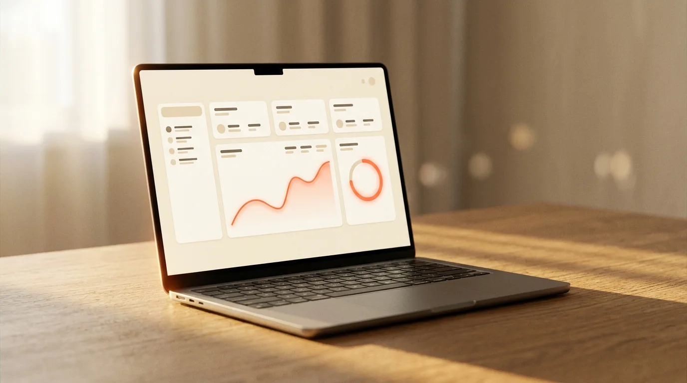 A laptop on a warm oak desk showing the client portal dashboard — project stages, a coral line chart and a coral progress ring.